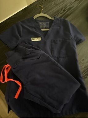 Figs Navy Scrub Top and Pants with Red Drawcord